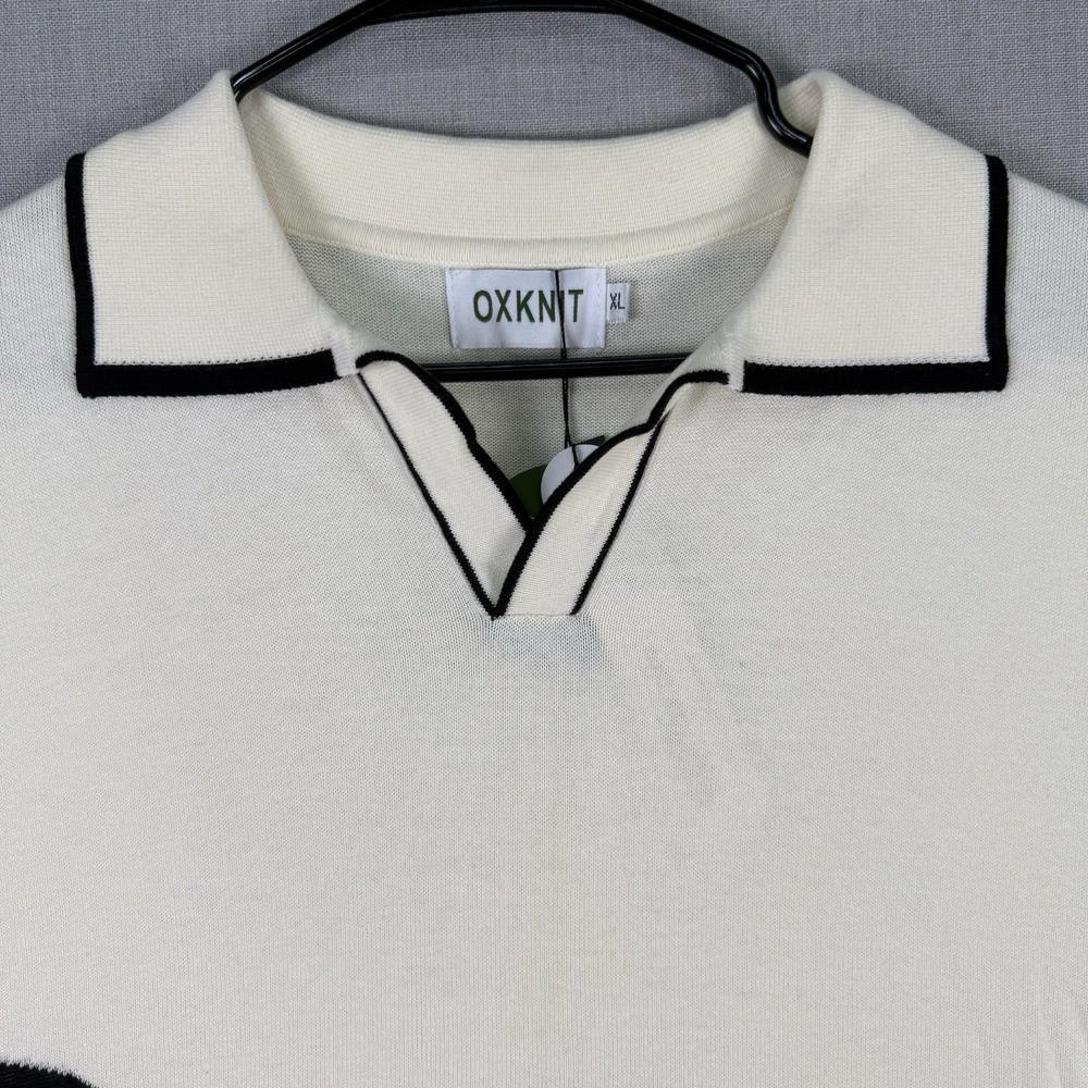 OXKNIT Shirt Men's Size XL V-Neck Polo Beige Dog w/ Glasses 100% Cotton NWT - Picture 2 of 8